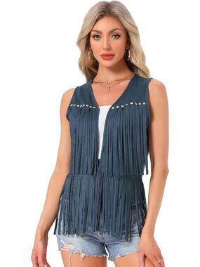 Women's Dark Blue Faux Suede Fringe Top Vest Open Front Western Tassel Cardigan
